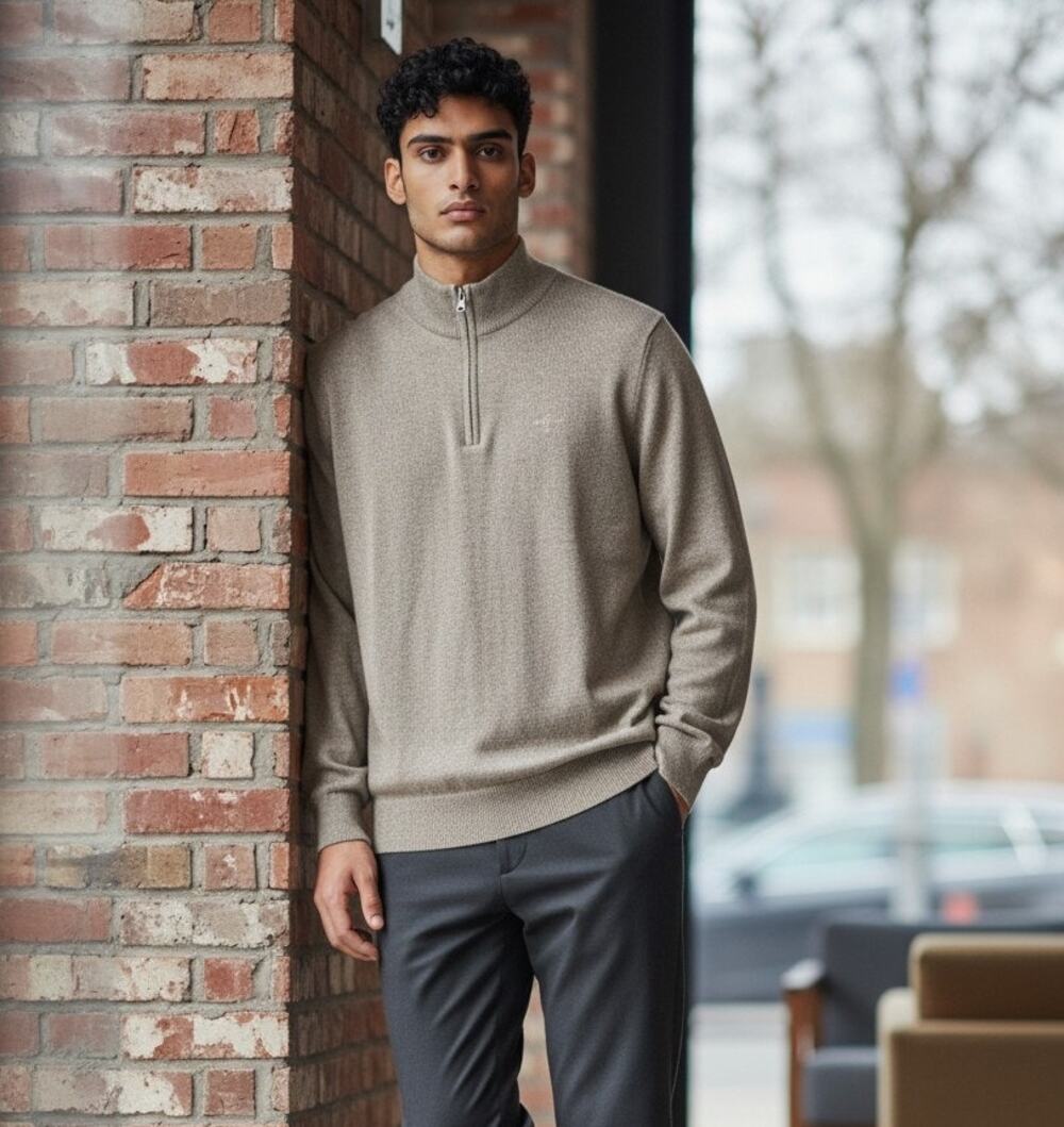 Barbour Sweater Jumper Men's M Beige Quarter Zip Knit Long Sleeve Ribbed Edges